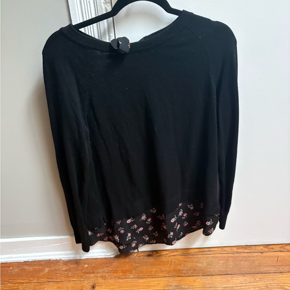 LOFT Black Top with Floral Detail